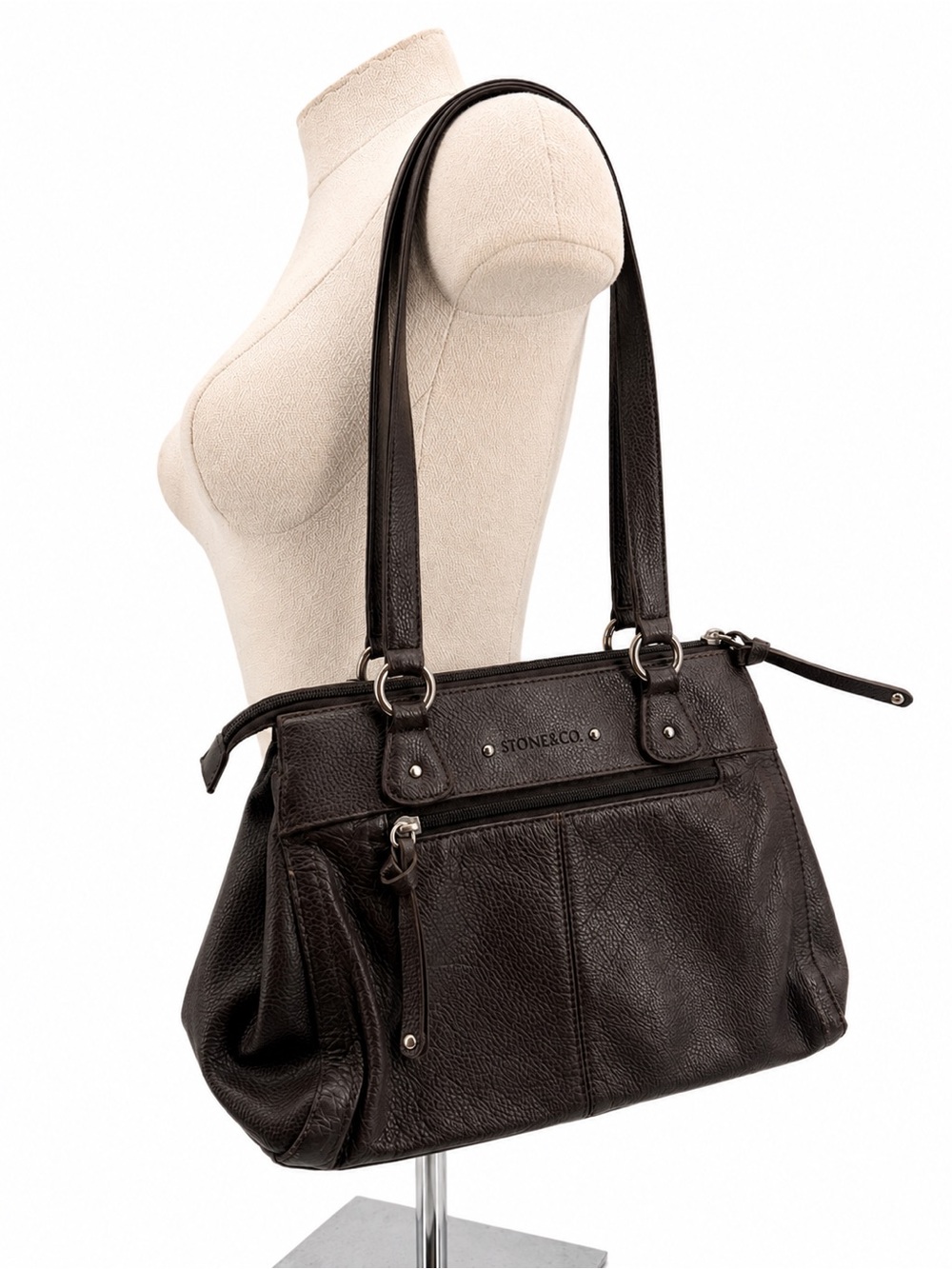 Stone & Co Deep Brown Leather Shoulder Bag Multi Pocket Purse